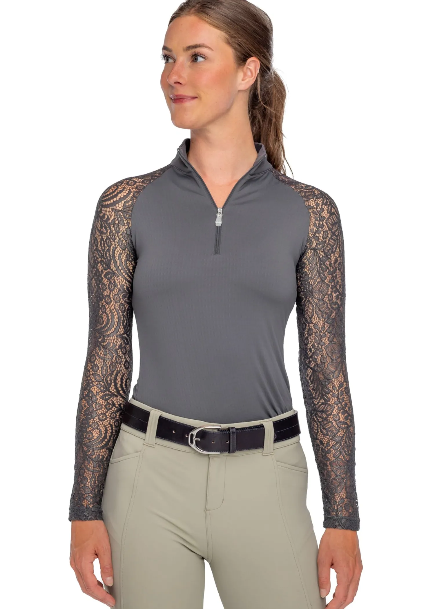Sale KASTEL DENMARK Ladies’ Quarter-Zip Floral Lace Long-Sleeve Shirt - "Sutton" Slate
